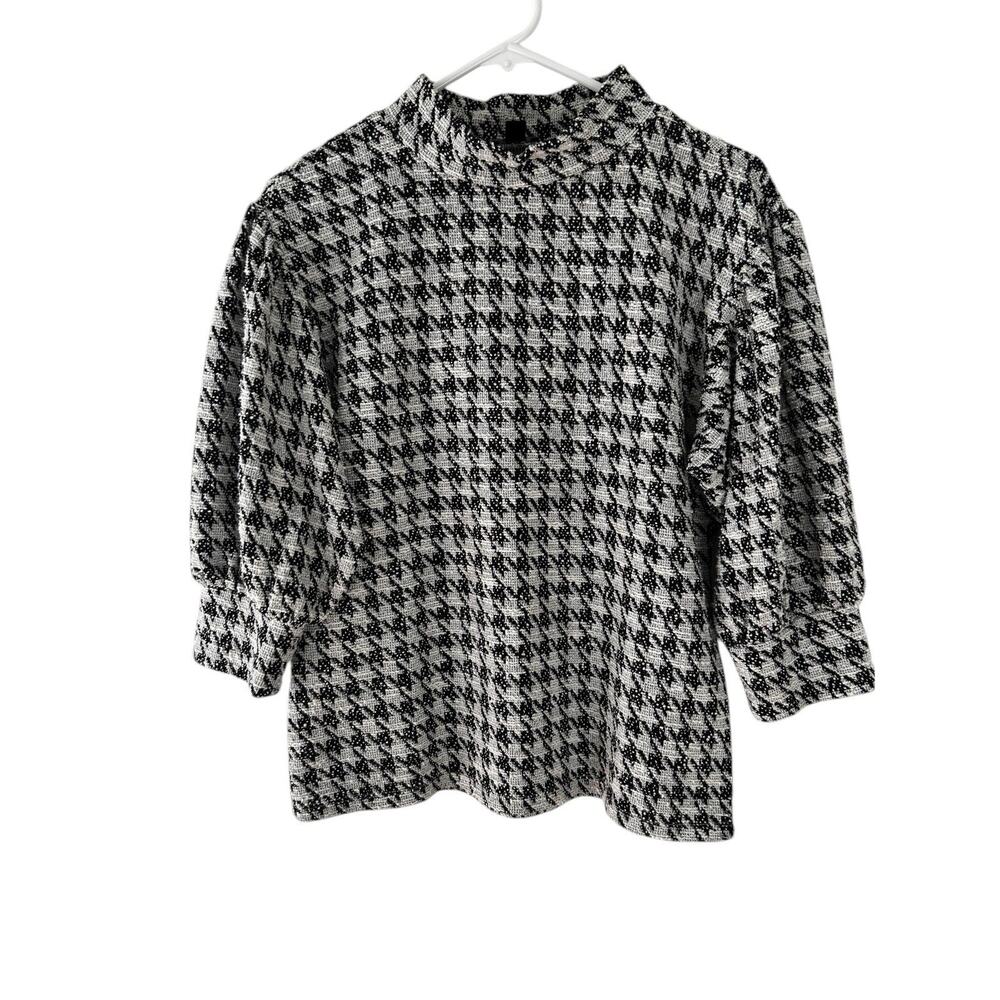Ann Taylor Women’s Black White Houndstooth Pullover Top 3/4 Sleeve Mock Neck M